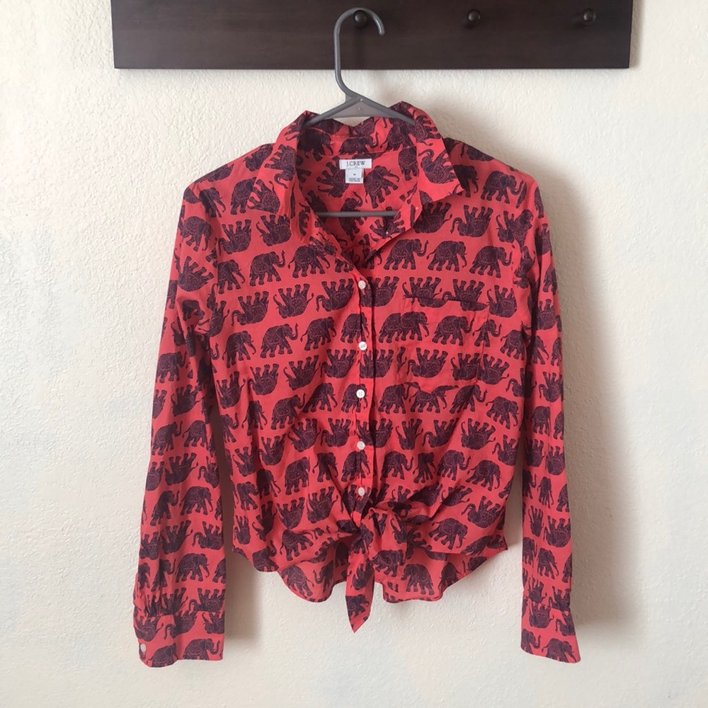 J Crew button & tie front elephant print top